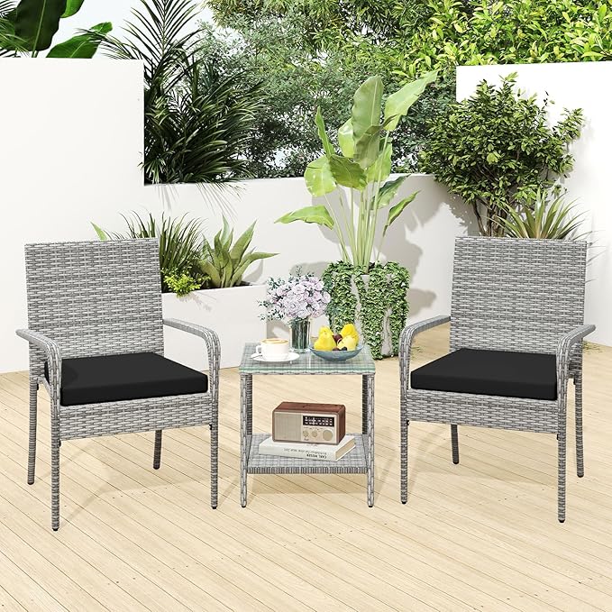 Tangkula 3 Pieces Patio Furniture Set, PE Rattan Outdoor Cushioned Conversation Chairs with 2-Tier Tempered Glass Tabletop Table, for Balcony, Garden and Poolside