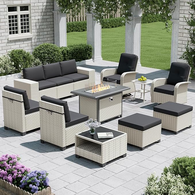 12-Piece Outdoor Patio Furniture Set with Fire Pit, Modular Sectional Sofa Set with Swivel Rocker Chairs & Ottomans, Wicker Outdoor Couch Conversation Sets w/Coffee Table and Cushions, Black