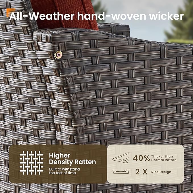 Patio Furniture Set, 7 Pieces Outdoor Wicker Rattan Sofa Couch with 4 Chairs, Ottomans and Comfy Cushions, All Weather High Back Conversation Set Garden Backyard, Brown Rattan Red Cushions