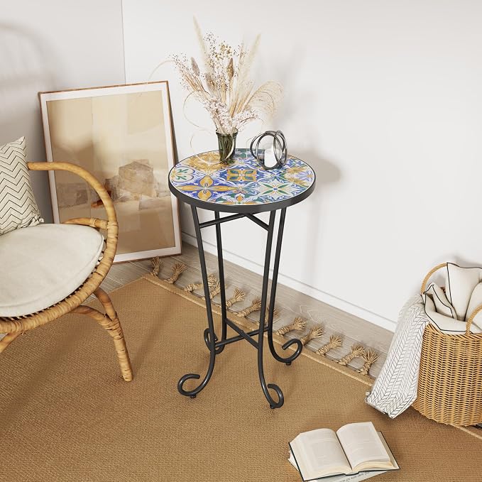 Outdoor Metal Side Table with Ceramic Tile Top Mosaic Patio Side Table and Plant Stand Tables, Round Side Table Iron End Tables for Yard Porch Balcony Garden, Daisy Blue &Yellow