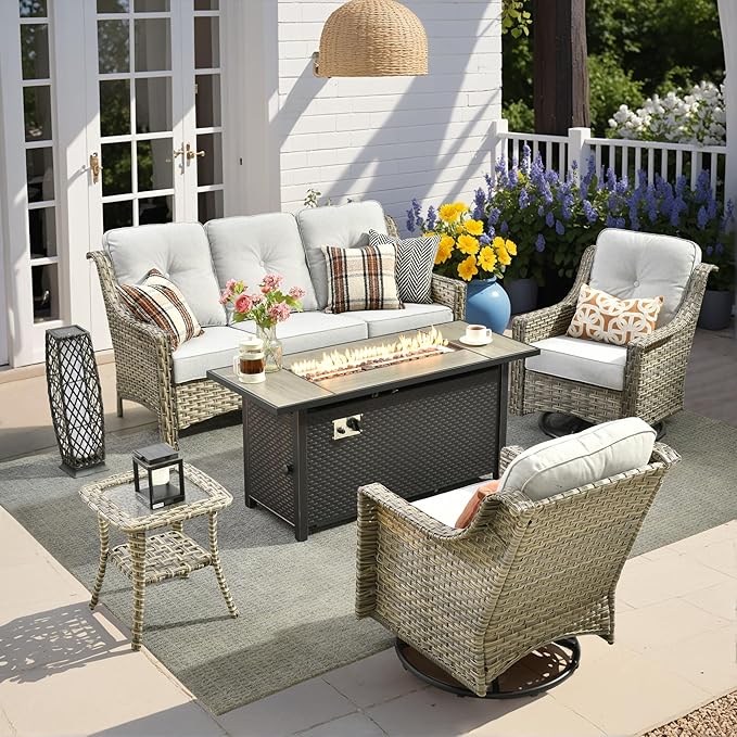 HOOOWOOO Patio Furniture Set,5 Pieces Wicker Outdoor Furniture,High Back Conversation Set with All Weather Resistant Fire Pit Table Couch Swivel Chairs,Light Gray