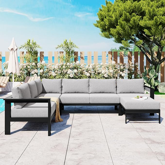 JIVOIT Multi-Person Outdoor Sofa Set, U-Shaped Aluminum Outdoor Sofa Set with Thick Cushions and Backrests, Modular Patio Sofa Set for Gardens, Backyards, and Balconies (Grey * 069)