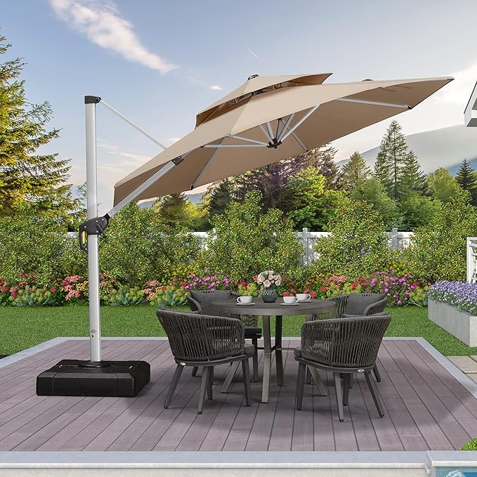PURPLE LEAF 10 FT Cantilever Patio Umbrellas with Base Included, Large Round Offset Umbrella with 360° Rotation, Outdoor Aluminum Pool Umbrella for Pool Lawn Garden, Beige
