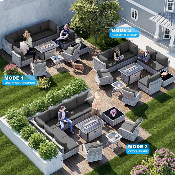 11-Piece Patio Furniture Set, Outdoor Patio Furniture with 55,000 BTU Fire Pit Table, Swivel Chairs Set, Thick Cushions, Modular Patio Sofa, Dual-Strand Wicker Rattan, Rust-Resistant Frame, Black