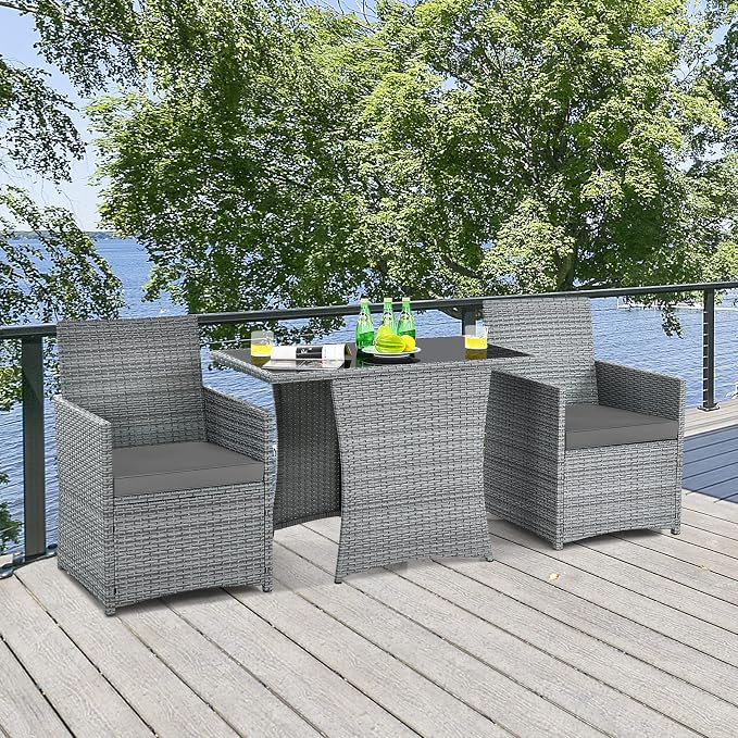 RELAX4LIFE 3-Piece Outdoor Furniture Set - All-Weather Wicker Rattan Patio Dining Set w/Tempered Glass Coffee Table & Cushions, Modern Bistro Conversation Set for Yard Balcony (Gray)
