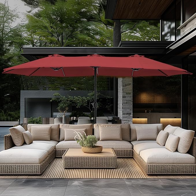 GREEN PARTY 15 ft Rectangular Patio Umbrella with Base Included, Large Double-Sided Outdoor Table Umbrella with Crank, 1.9" Pole UPF 50+ UV Resistant for Pool Deck Backyard Garden, Burgundy Red