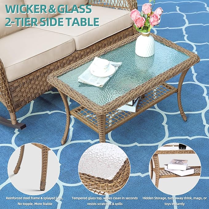 MEETWARM Outdoor Wicker Loveseat Rocking Chair, Loveseat for 2 Person Porch Furniture Rocker with Glass-Top Coffee Table, All-Weather Rattan Patio Rocking Bench with Thickened Cushions, Brown