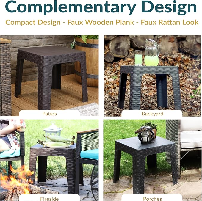 Sunnydaze Adirondack Small Outdoor Side Table for Balcony Essentials - Plastic Square End Table for Outside Patio - Brown - Set of 4