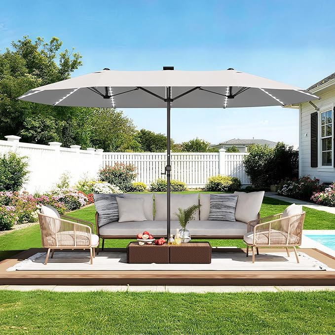 GDPFN 15ft Rectangular Patio Umbrella with Solar LED Lights, Double-Sided Outdoor Market Umbrella Extra Large Shade for Pool, Deck, Backyard, Garden, Light Gray (Base Not Include)