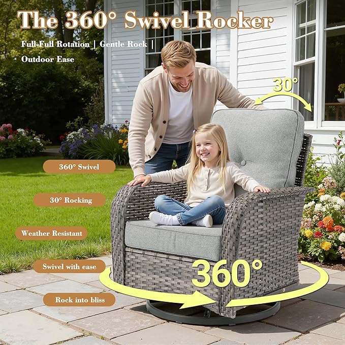 3 Pieces Patio Furniture Set, All-Weather Rattan Wicker Outdoor Furniture with Swivel Rocking Chairs and Side Table, High Back Conversation Set for Porch, Backyard, Balcony,Dark Grey