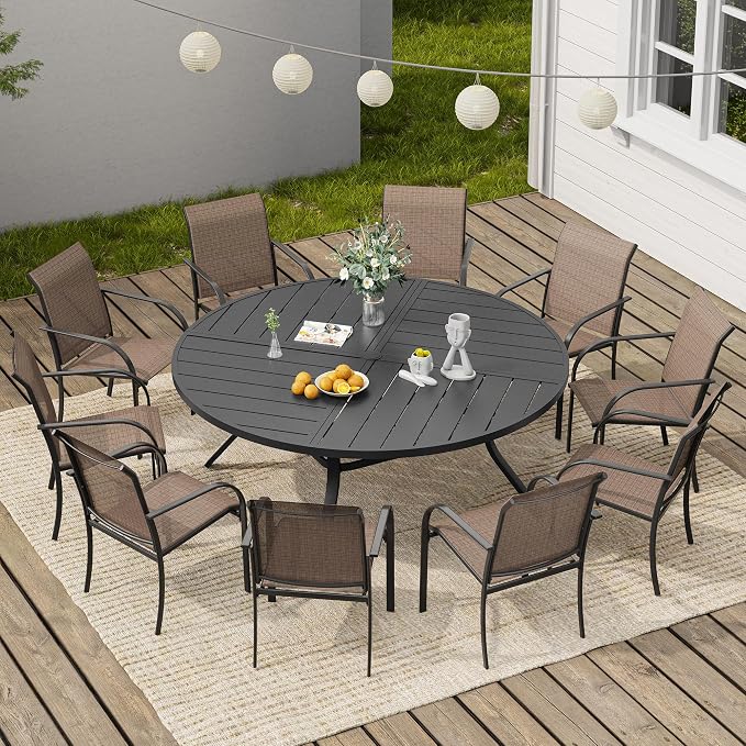 VICLLAX 63" Round Outdoor Table, Patio Dining Table for 8-10 with Umbrella Hole for Garden Lawn Deck Backyard, Black