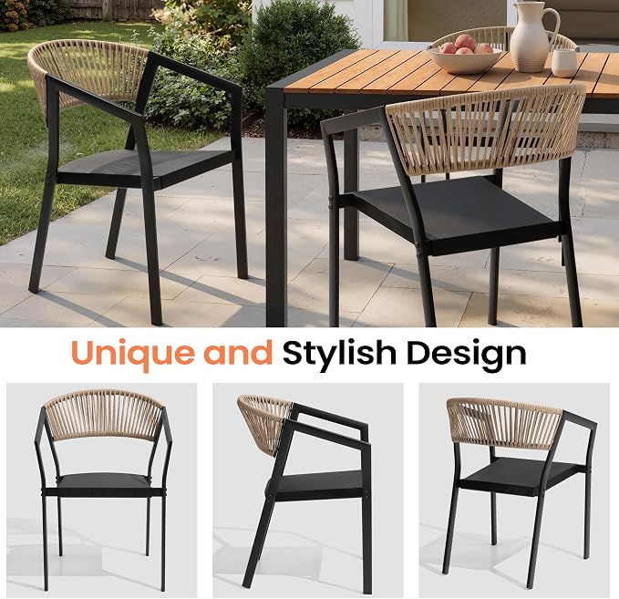 Pellebant Outdoor Patio Dining Chairs, Aluminum Frame with Breathable Twist Wicker Backrest – Stackable for Porch, Lawn & Deck(Brown)