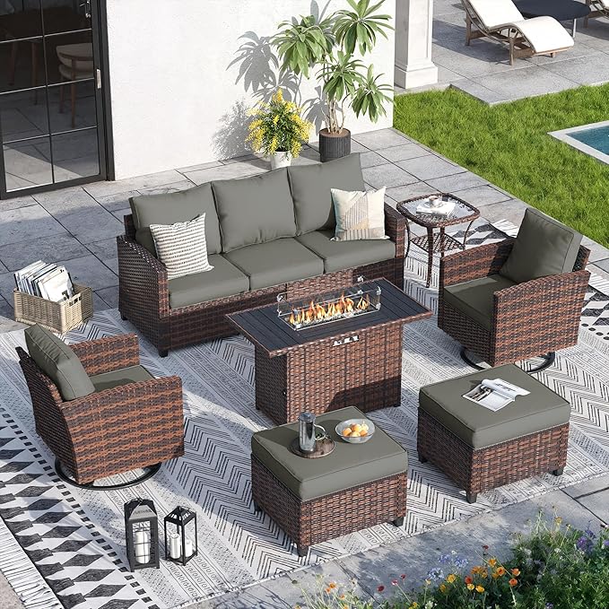 7 Pieces Patio Furniture Set with 44" Fire Pit Table, Outdoor Sectional Conversation Sets with Swivel Chair, Gas Fire Pit, Ottomans, Side Table, 4" Thick Cushion，for Backyard Garden Deck, Dark Grey