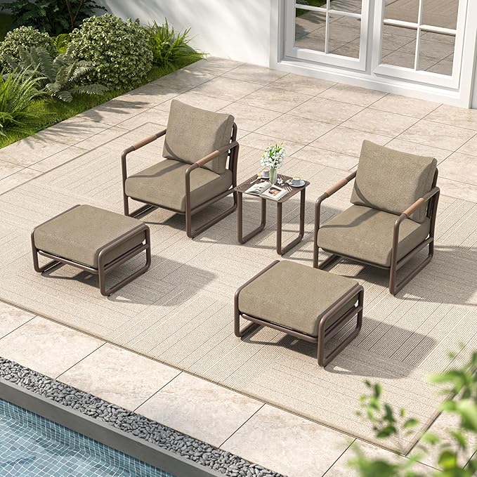 5-Piece Aluminum Patio Furniture Set, Spacious Deep Seating Chairs with 6.5-Inch Thick Cushions and Coffee Table, All-Weather Rust-Resistant Outdoor Seating for Backyard, Deck, Porch, Balcony