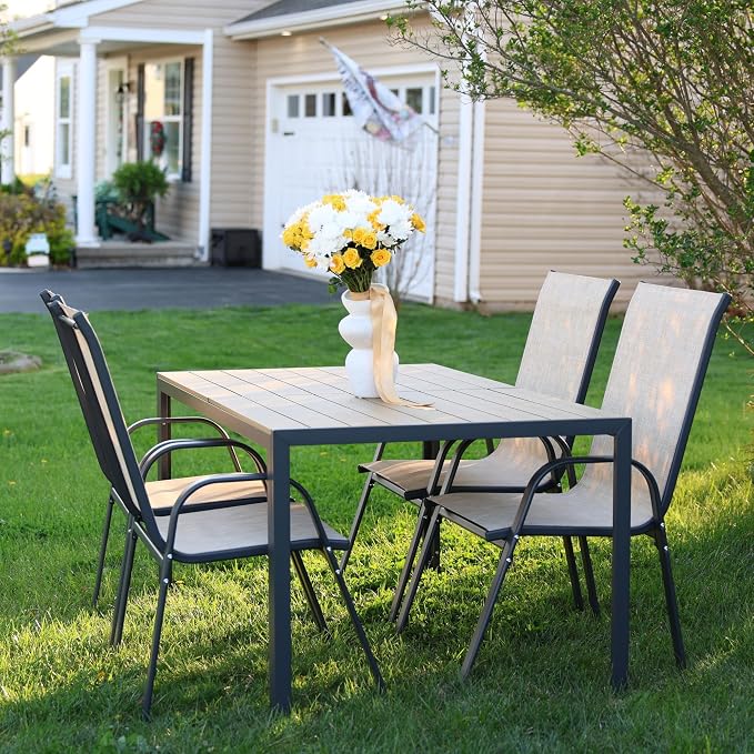 PIZZELLO 5-Piece Outdoor Dining Set Patio Dining Set for 4 Outdoor Table and Chairs All Weather Outdoor Patio Set w/Stackable Patio Chairs and HDPE Table for Backyard, Garden and Poolside, Khaki