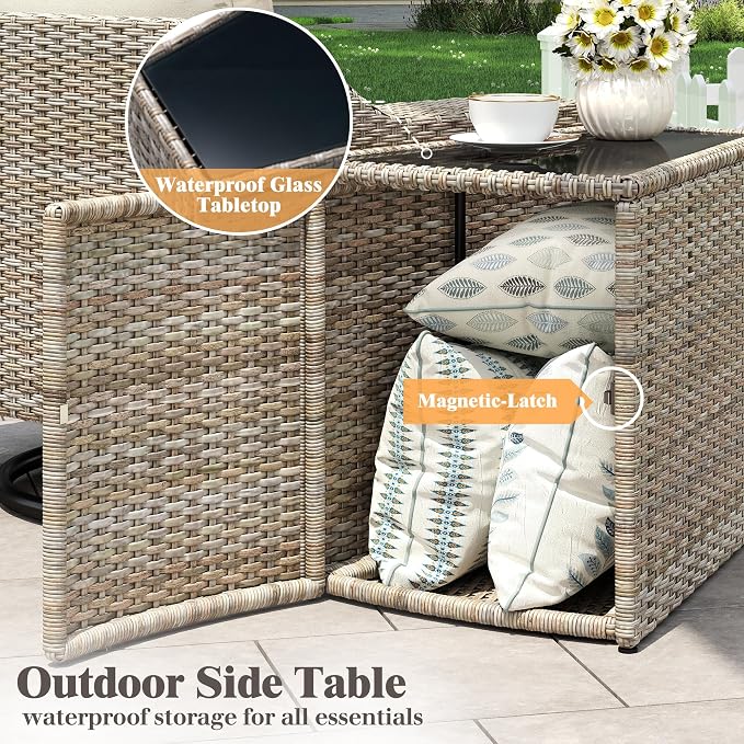 LUXOAK 3-Piece Outdoor Wicker Patio Furniture Set, 360° Swivel Rocking Chairs with Storage Side Table, PE Rattan Conversation Set with 6" Wide Armrests & Thick Cushions, for Porch/Deck/Garden/Backyard