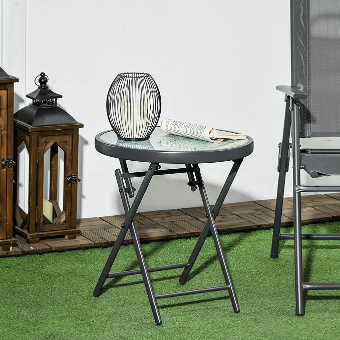 Outsunny Folding Coffee Table, Side Table, Tempered Glass Top, Metal Frame, 45 cm Round, for Patio, Balcony, Garden, White