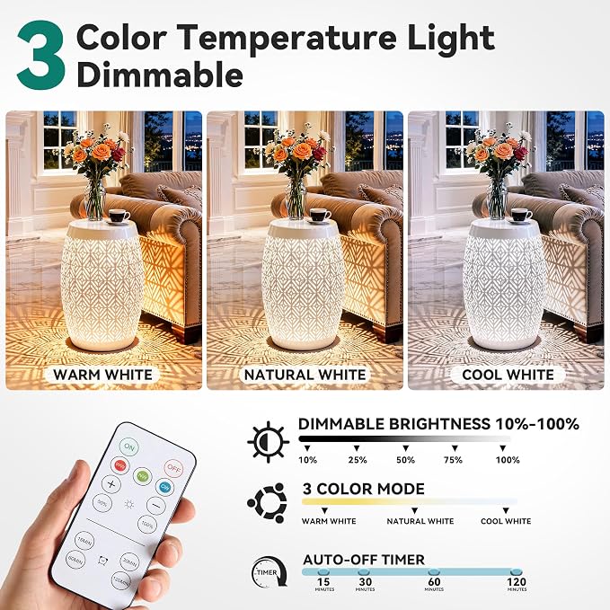 18" Cutout Metal Outdoor Side Table with 3-Mode LED Lights, Modern Decorative Drum End Table, Versatile Coffee Table/Garden Stool/Night Stand/Plant Stand for Patio, Living Room, Bedroom