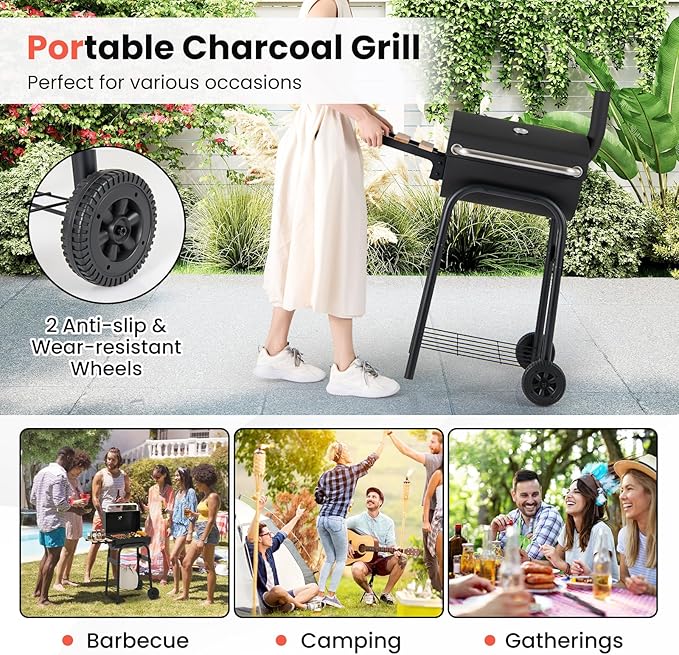 Happygrill Barrel Charcoal Grill, Outdoor BBQ Smoker Grill w/Foldable Side Table, Built-in Thermometer, Storage Shelf, Adjustable Air Vent, Portable Barbecue Grills w/Wheels for Camping & Picnic