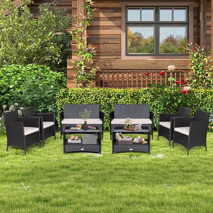 Tangkula 8 Pieces Patio Furniture Set, Patiojoy Outdoor PE Wicker Conversation Set with Soft Cushions and Tempered Glass Tabletop, Outdoor Garden Furniture Set with 2-Tier Coffee Table (2, Brown)