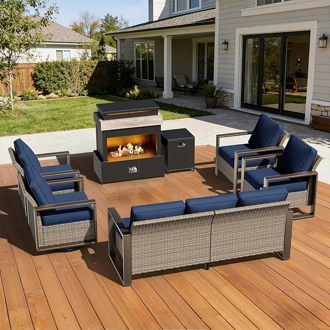 6 Pieces Wicker Patio 75" Sofa Set with 2 Armchairs, 2 Swivel Chairs, Fireplace, All Weather Rattan Outdoor Conversation Furniture Set with Metal Armrest & Removable Cushions for Deck, Dark Blue