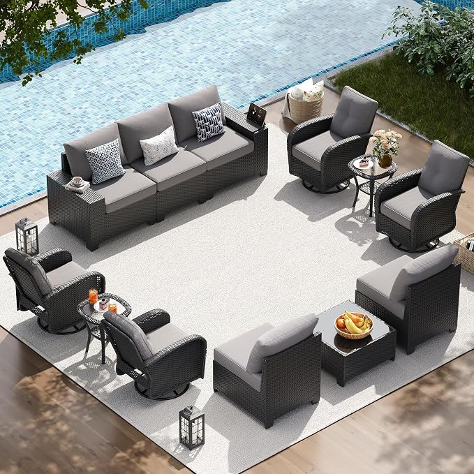 LazySunsets 12 PCS Patio Furniture Set, Outdoor Sectional All-Weather Wicker Conversation Set with Swivel Rocker Chairs, 4'' Thick Cushions for Backyard Poolside(Crey/Black)