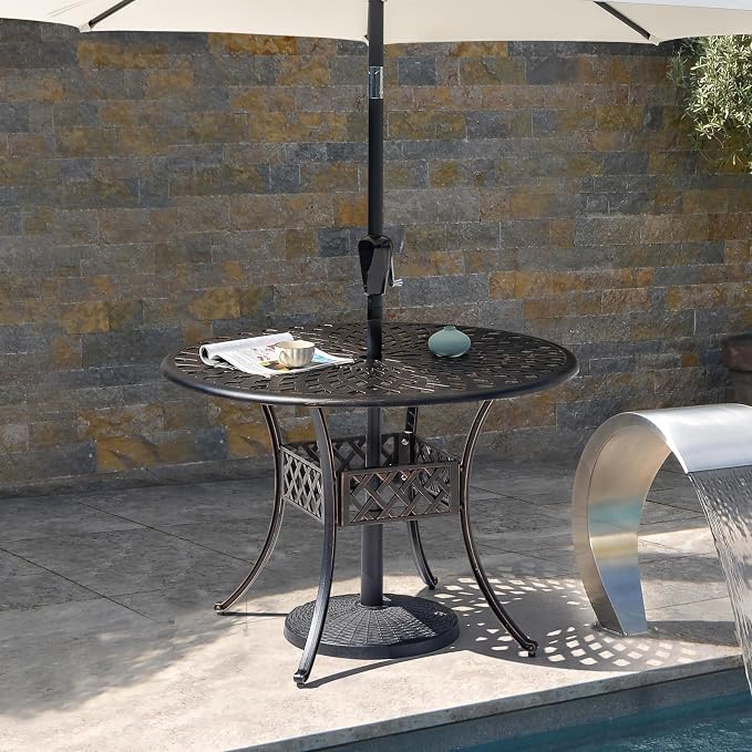 NUU GARDEN 42 Inch Outdoor Round Dining Table Cast Aluminum Tabletop with 2.24 Inch Umbrella Hole Patio Garden Backyard Balcony, Black with Gold-Painted Edges