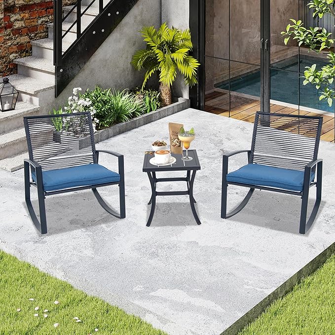 Domi Outdoor 3-Piece Wicker Rocking Chair Set, Patio Conversation Set with Removable Textilene Cushions & Metal Coffee Table, All-Weather Outside Chair Set of 3 for Balcony, Backyard, Pool, Blue