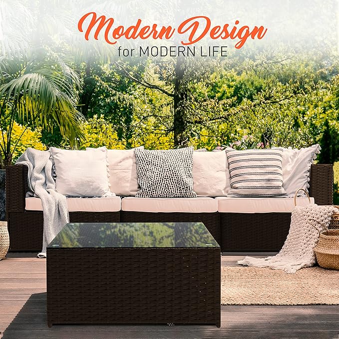 SereneLife Patio Porch Furniture Sets - 5 Piece Patio Accessories and Decor Outdoor, Balcony Patio Conversation Set, Bistro Set, PE Rattan Wicker Chairs w/Soft Cushion & Glass Coffee Table - SLOTFX9