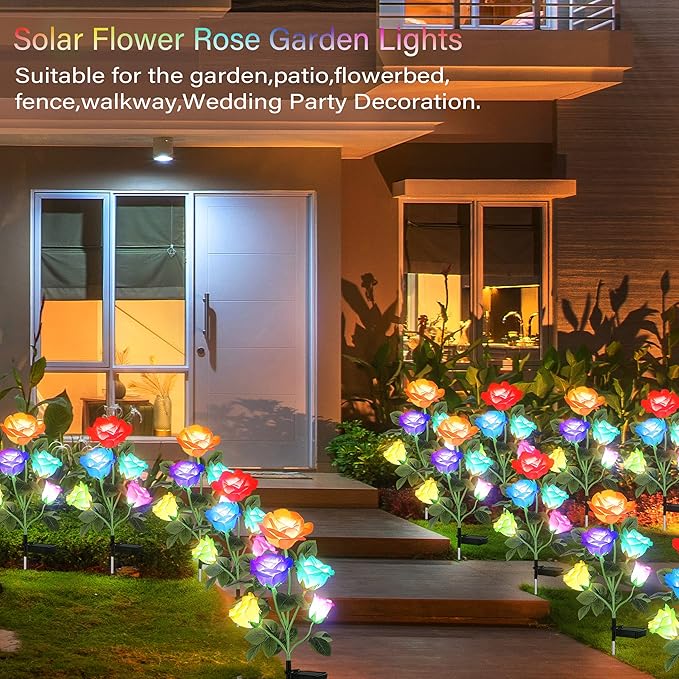 10 LED 7-Color Changing Solar Rose Flower Lights Garden Decorations Outdoor Waterproof Decorative Stake Lights for Patio Pathway Yard Lawn Decor(2 PCS Blue)