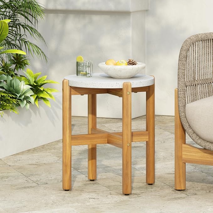 Christopher Knight Home Seeley Patio Acacia Wood Coffee Table, Indoor/Outdoor Table for Garden/Backyard/Poolside/Balcony Cafeteria, Lightweight Concrete Round Top Outdoor Side Table, Milky White+Teak