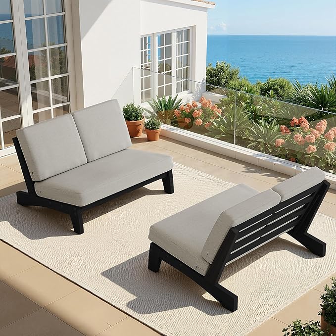 UIXE All Weather Patio Furniture Sets, 3 Pieces Black Wood Patio Loveseat Sofa Outdoor Sectional Futniture Backyard Conversation Set with Solid Wooden Coffee Table - Light Camel
