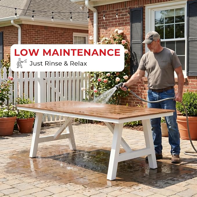Costaelm Rectangle Patio Table, 8-Person Backyard Table 90" HDPE Dining Table with Umbrella Hole and Metal Frame for Outside, Garden, Poolside, Deck, Porch, Balcony, Teak