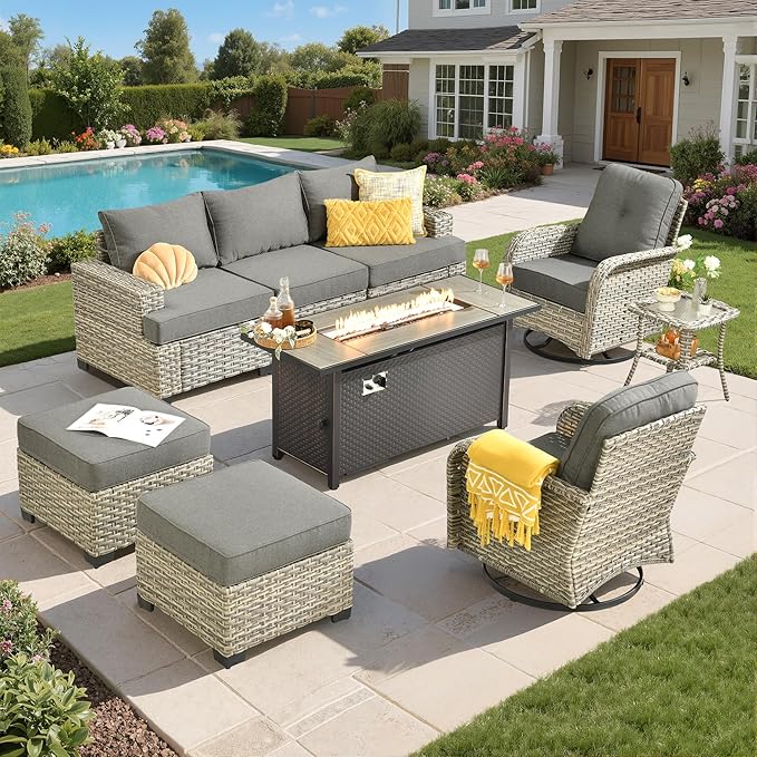 Rattan Patio Furniture Set with Fire Pit Table,9 Pieces Outdoor Sectional with Swivel Chairs Ottoman,Out Door Furniture Conversation Set,Dark Grey