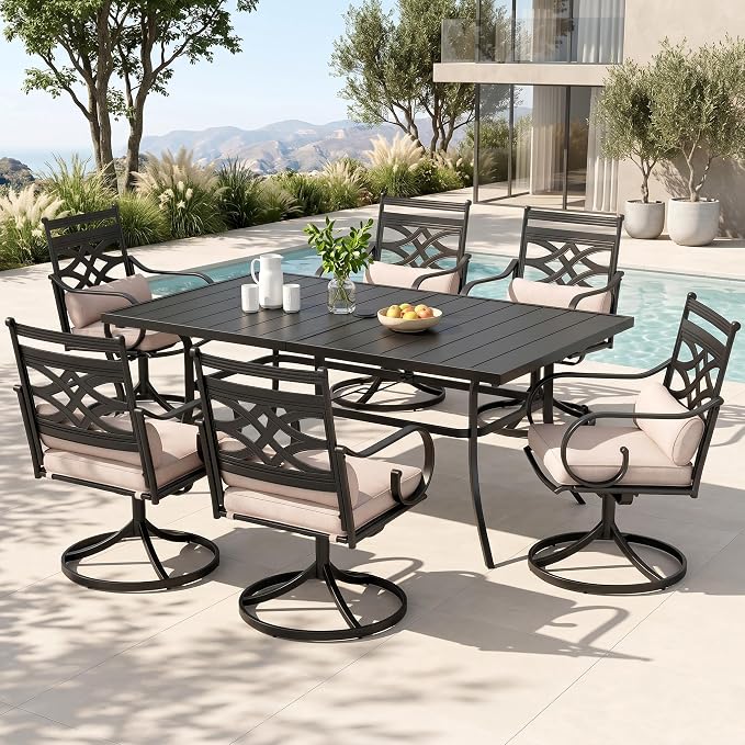 PHI VILLA 7 Piece Patio Dining Set, Swivel Chairs, Rectangular Steel Table | Metal chairs, Beige Cushion, Cushions, E-coated