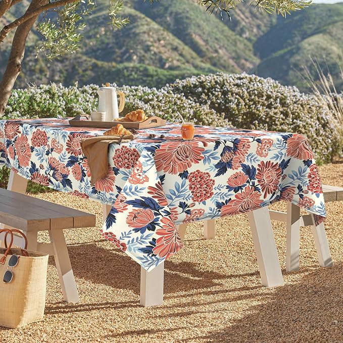 DYTXIII Outdoor Rectangle Tablecloth with Umbrella Hole and Zipper 84" x 60", Water Repellent Floral Picnic Cover, Fade & Wrinkle Resistant Tablecloth for Patio/Garden/Party Table, Red Chrysanthemum
