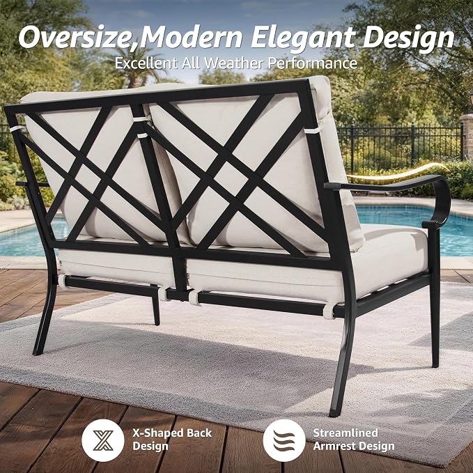 NATURAL EXPRESSIONS 4 Piece Patio Furniture Set, Vintage Metal Outdoor Conversation Set with High Back Chairs, 5.5" Thick Cushions for Balcony, Porch