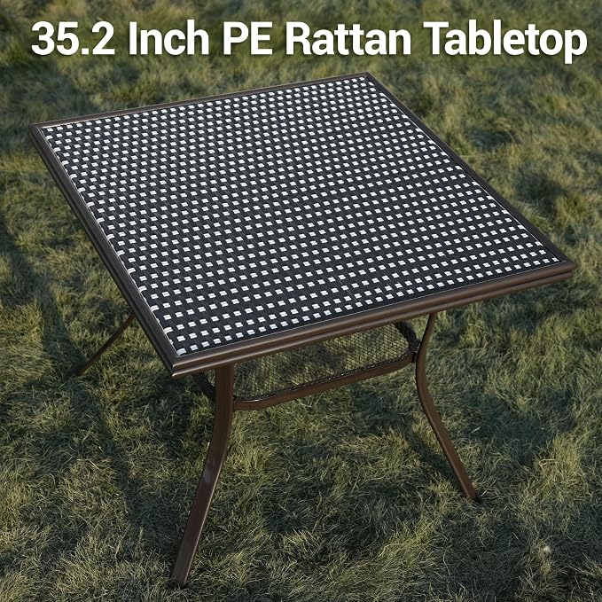 Outdoor Patio Dining Table for 4 People, 35.2" All Weather Hand-Woven PE Rattan Square Table for Garden Backyard Porch Poolside, Black&White