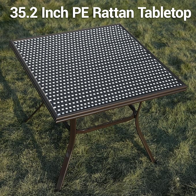 35.2" Outdoor Dining Table for 4 Person, Square Patio Dining Bistro Table with Sturdy Metal Frame & Adjustable Foot Pads for Garden, Backyard and Porch, Partitioned Storage Rack, Black
