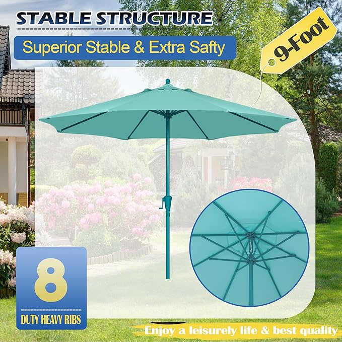 Sunnyglade 9FT Outdoor Patio Umbrella, Market Table Umbrella with 8 Sturdy Ribs and Crank System, Fade-resistant & Waterproof for Garden Backyard Poolside Deck