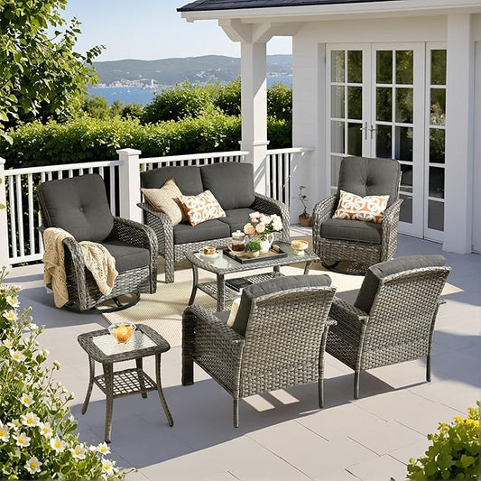 Weaxty 7 Pieces Patio Furniture Set,Wicker Outdoor Swivel Rocking Chairs,Rattan Loveseat Couch,Coffee Table,Patio Sofa Conversation Sets for Deck Backyard Porch Poolside, Black