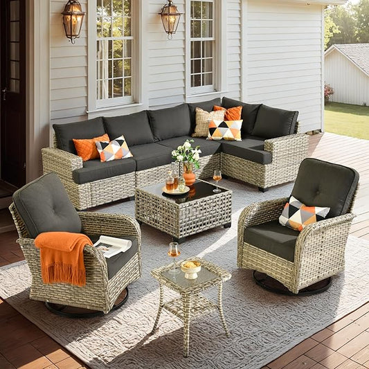 9 Piece Patio Furniture All Weather 7-Seater Outdoor Sectional Sofa with Patio Swivel Chairs and Solar Powered Coffee Table for Porch,Garden,Backyard,Deck(Black)