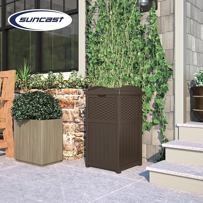 Greesum 100 Gallon Deck Box and Suncast 33 Gallon Outdoor Trash Can Storage Bundle for Patio Furniture, Garden Tools, and Pool Supplies