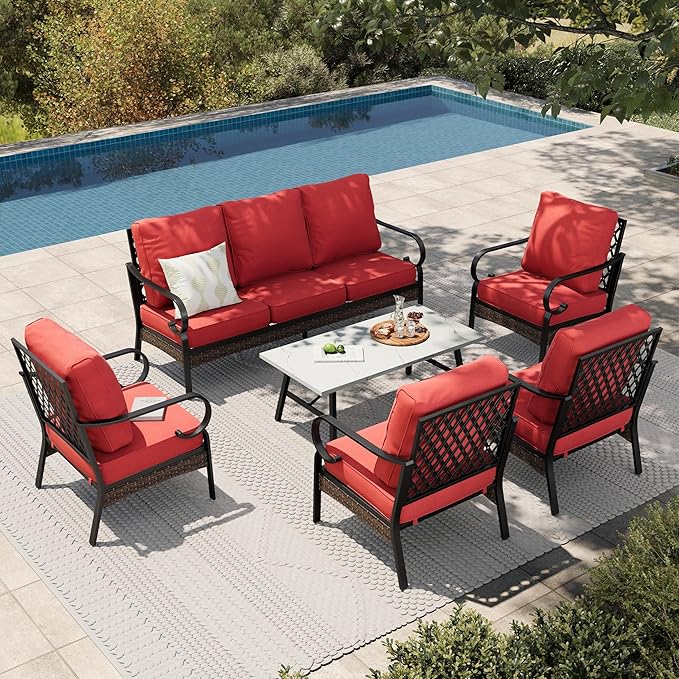 HERA'S HOUSE 6 Piece Metal Patio Furniture Set, All Weather Outdoor Conversation Set with 3-Seat Sofa, 4 Fixed Chairs & Coffee Table, 7 Seats for Backyard, Garden, Deck, Red