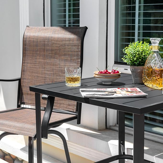 NUU GARDEN Outdoor Bar Set 3 Piece, Patio Square Tempered Glass Table with Textilene Swivel Bar Stools High Backrest, Outdoor Furniture for Garden Backyard, Brown Black
