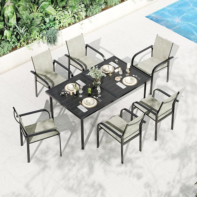 Garvee 7 Piece Patio Dining Set, Outdoor Furniture with 55" Rectangular Iron Table & 6 Textilene Chairs, All Weather Wood-Grain Finish, Suitable for Backyard, Garden, Poolside