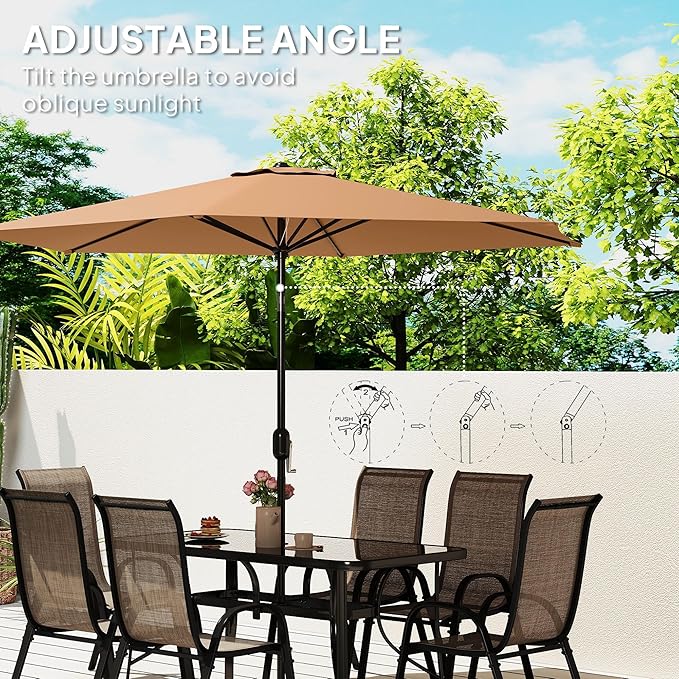 Outsunny 8 Pieces Patio Table and Chairs Set with 9 Ft Patio Umbrella, Outdoor Dining Set with 4.6 Ft Dining Table and 6 Chairs, Push Button Tilt and Crank Parasol, Tempered Glass Top, Mixed Brown