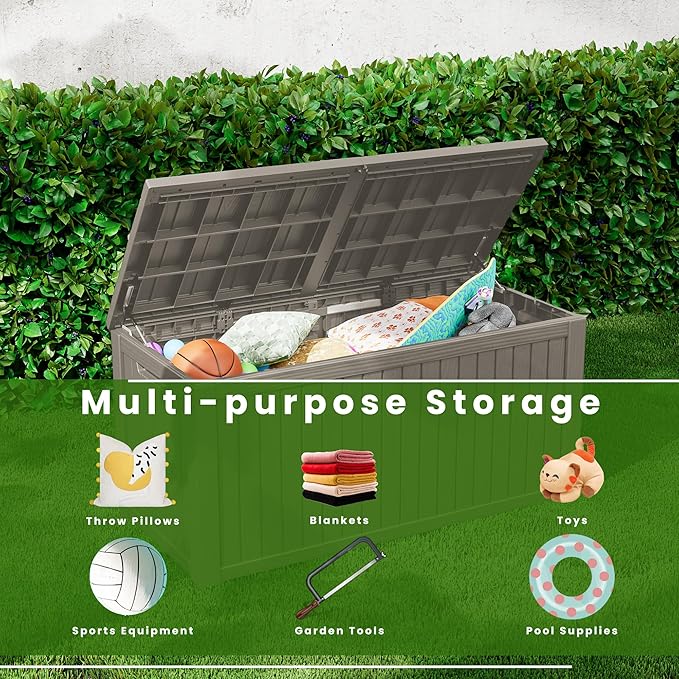 Outdoor Storage Box Waterproof, 200 Gallon Lockable Resin Deck Box Large, Patio Storage Bin for Pool Accessories Cushion Furniture, Garden Tools, UV-Resistant Outside Delivery, Gray