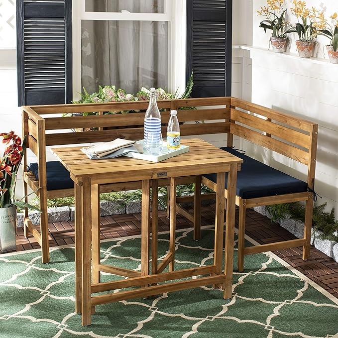 Safavieh PAT6754A Collection Wilton Teak and Navy Balcony Corner Lounge Outdoor Set