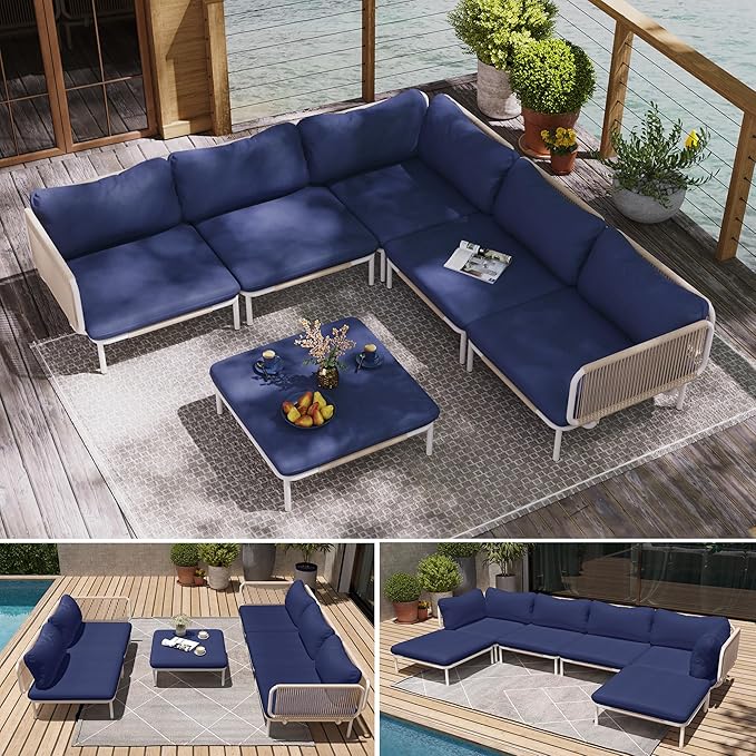 Patio Furniture Set, Outdoor Patio Furniture Oversized Metal Patio Sectional Sofa, 6-Seat Conversation Set with Cushion for Indoor and Outdoor, White Frame and Blue Mat